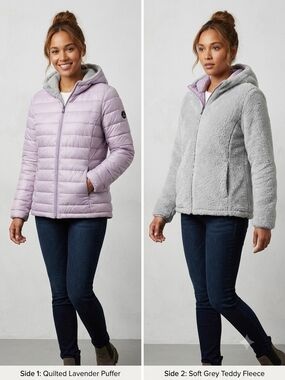 Andrew Marc Reversible Puffer Fleece Jacket Lavender Grey Small